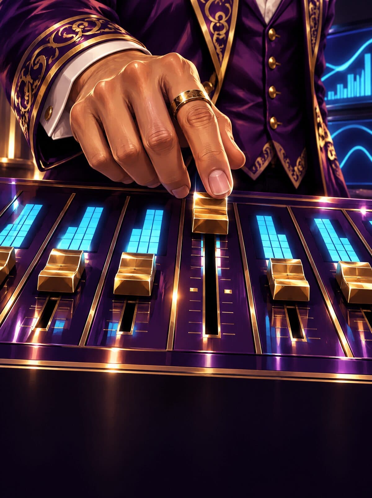 Una mano sube un fader dorado en una consola de canales con medidores