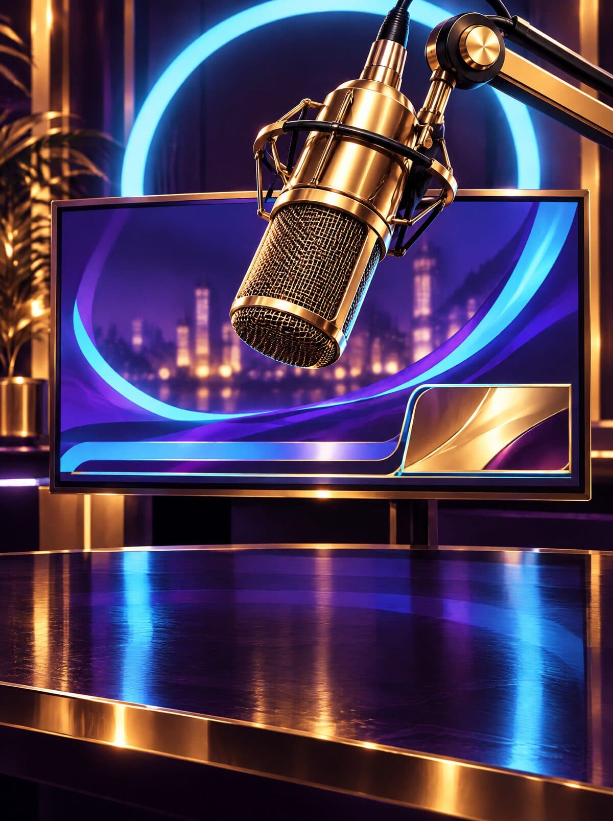 Micrófono de estudio dorado frente a un monitor de stream con un recuadro dorado de overlay