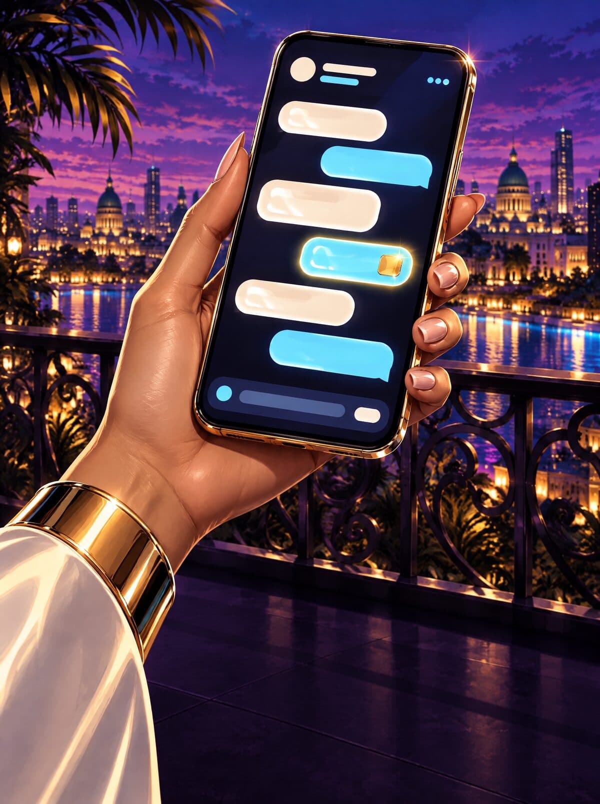 Una mano sostiene un teléfono sobre un balcón con un canal de Telegram y un mensaje que brilla con una ficha dorada