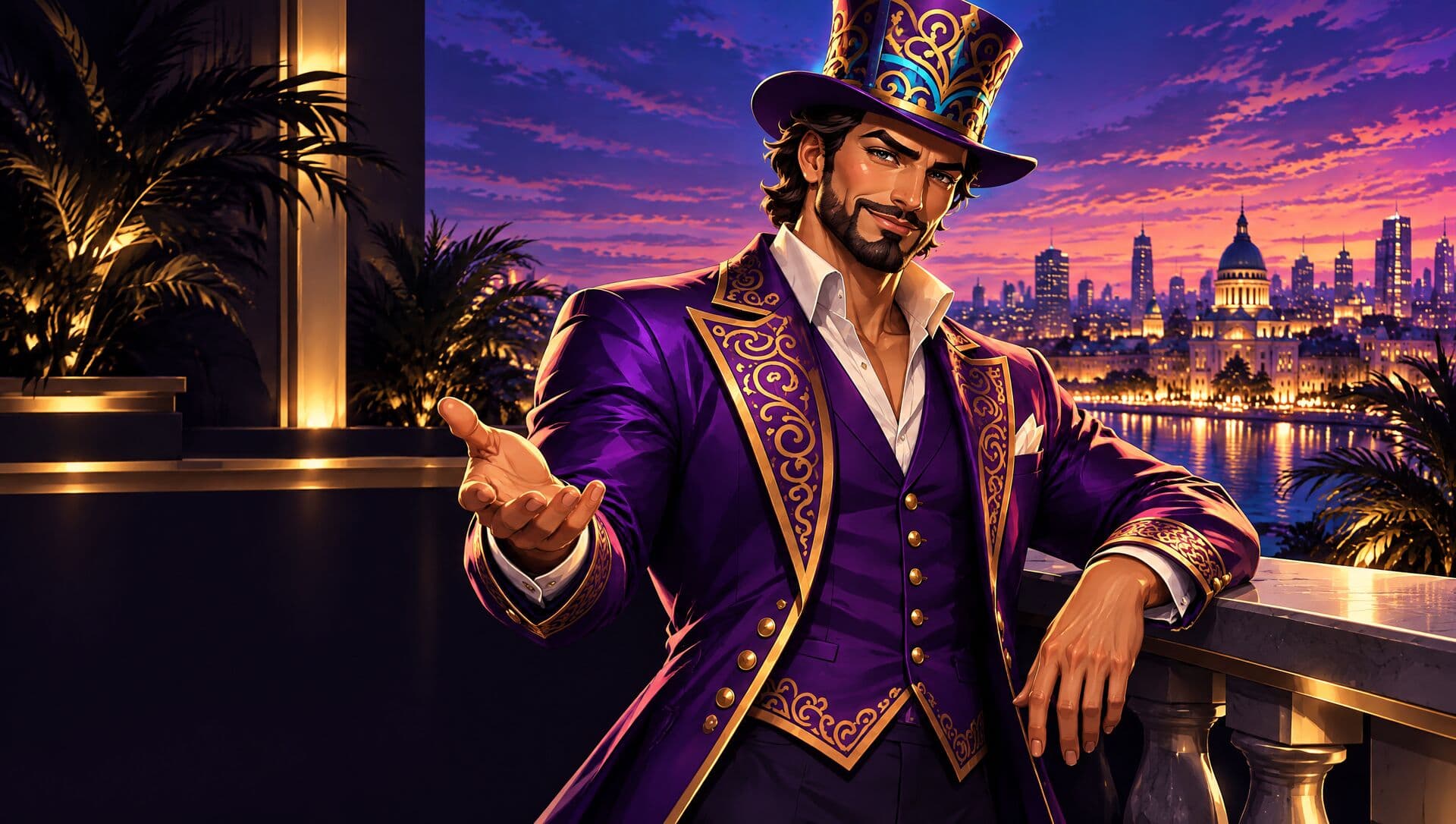 El Bufón on a terrace with an open palm, explaining