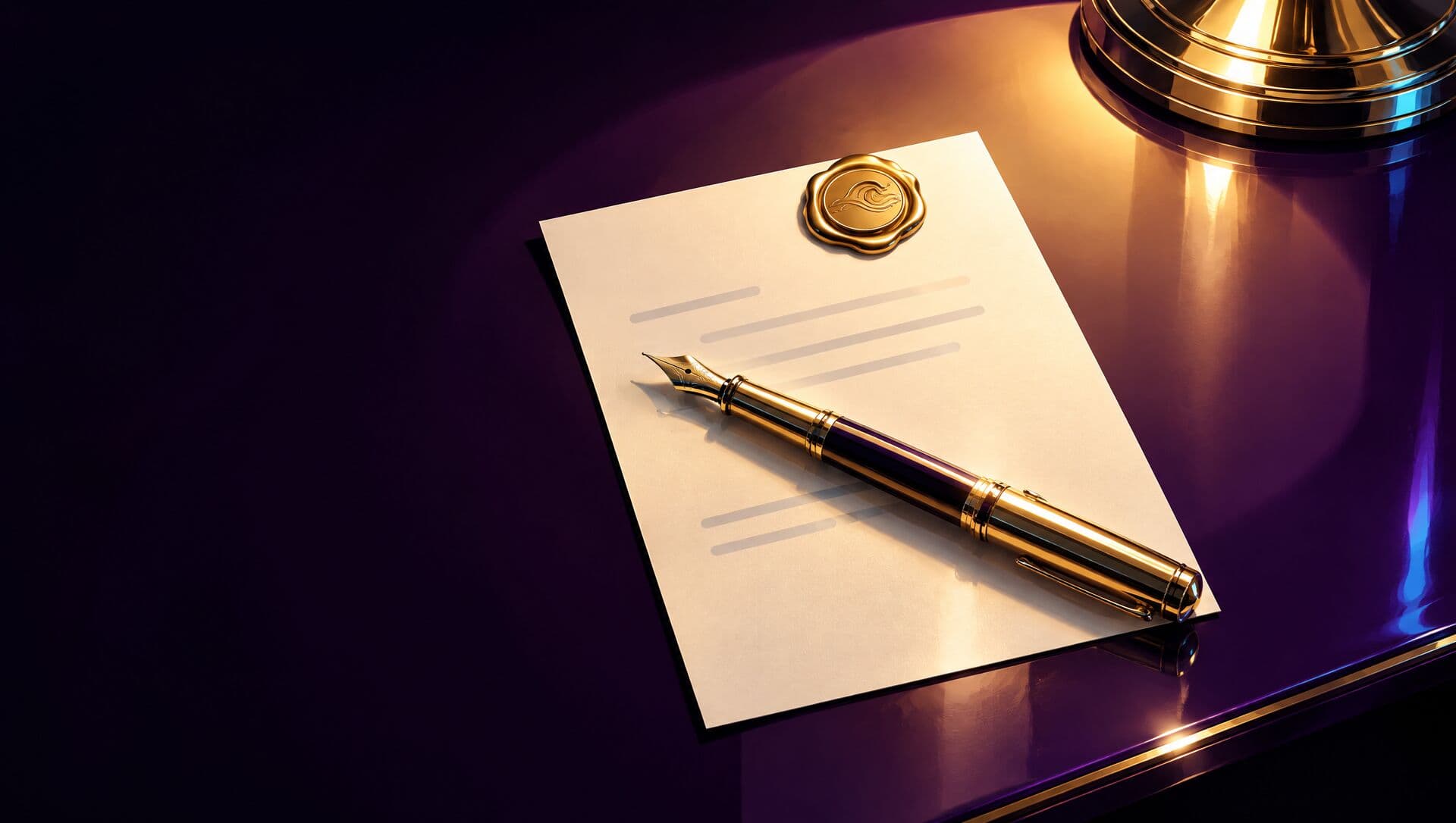 A short contract sheet with a gold pen and wax seal under a lamp