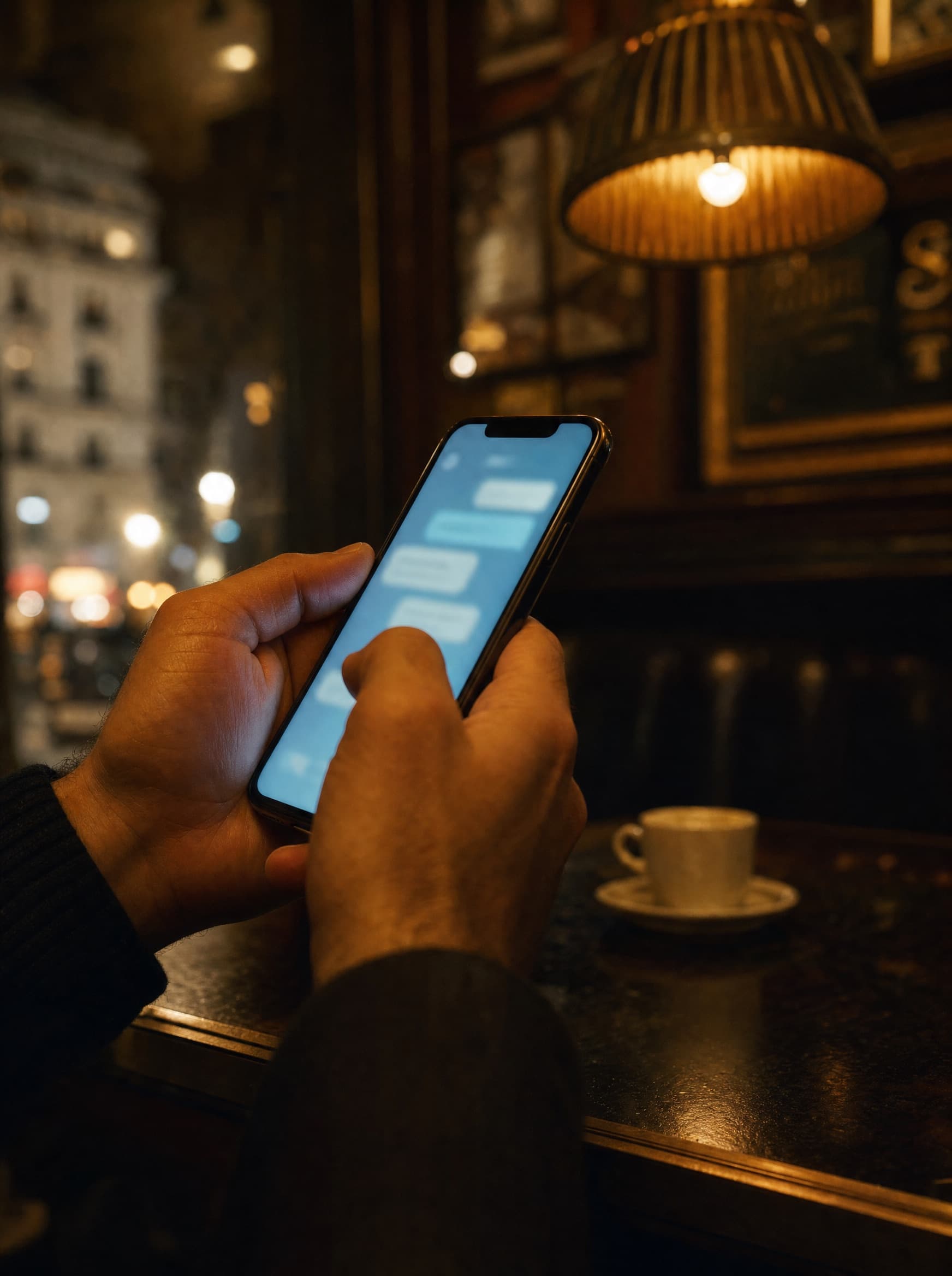 Manos sosteniendo un teléfono en un café