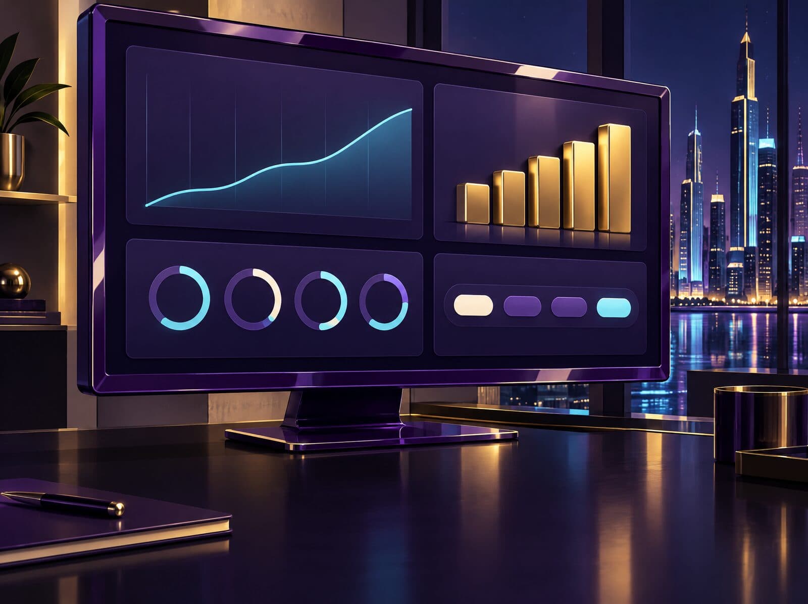 Render de un monitor con un panel de estadísticas: curva ascendente, barras doradas y anillos