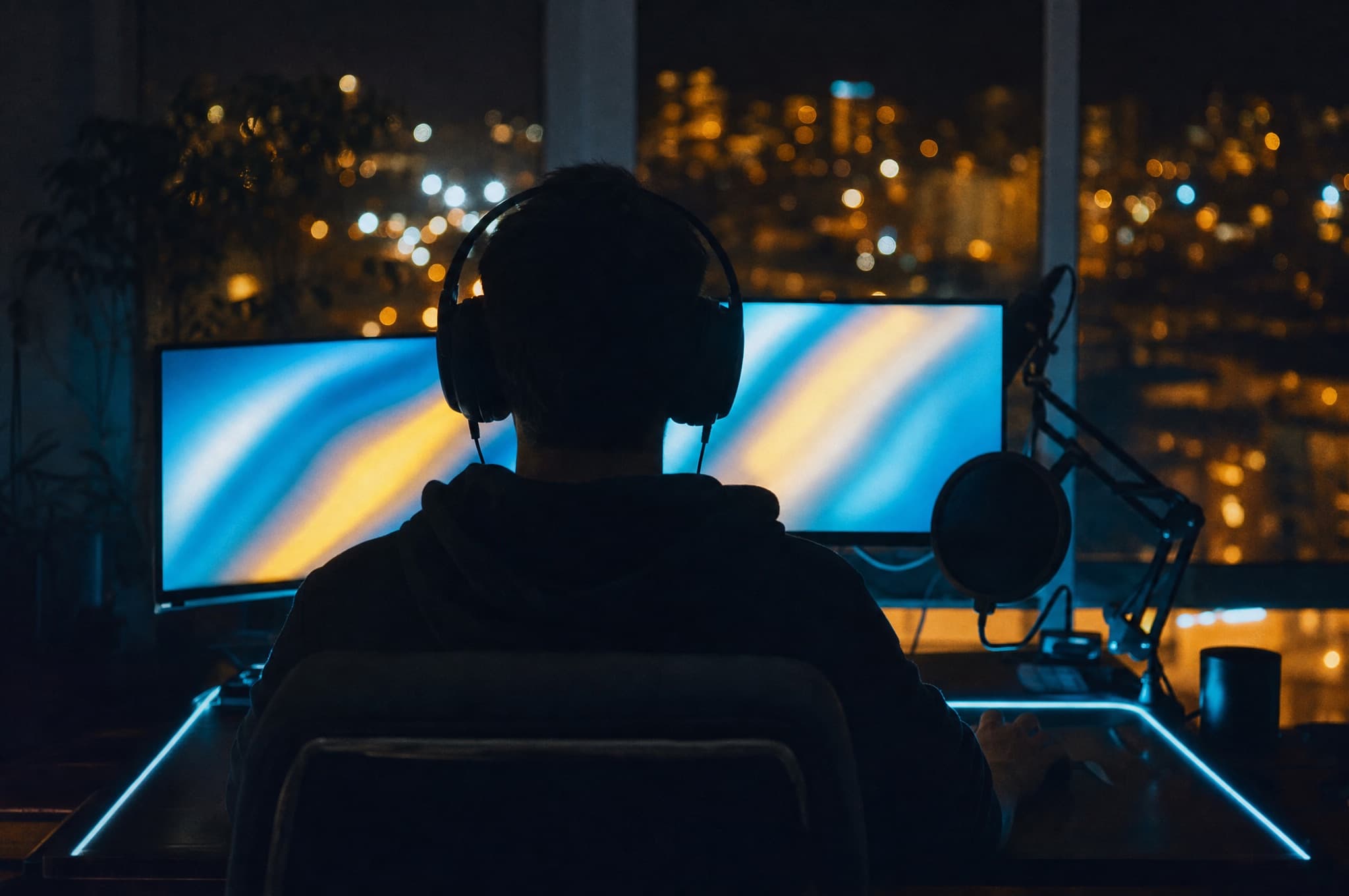 Streamer de espaldas frente a dos monitores